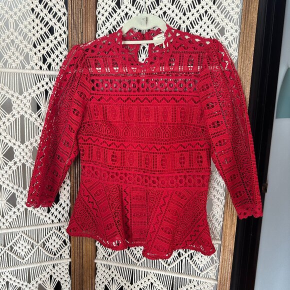 Red Crochet Lace Peplum Blouse - Moulinette Soeurs by Anthropologie - Picture 1 of 7